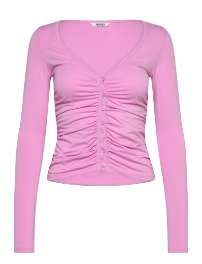 Monki Slim Ruched V Neck Cardigan Pink XS