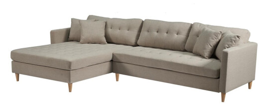 Marino Deluxe sjeselongsofa høyre eller venstrevent med puter stoff sandfarget.