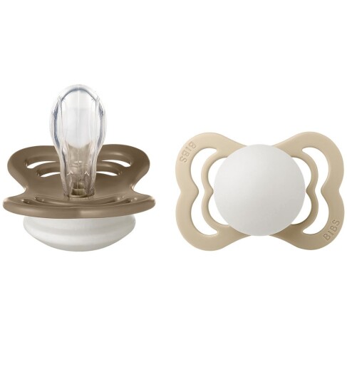 BIBS Supreme+ Lysende smokker Str. 1 Silikon 2 pack Vani BIBS 0 6 md Smokk Beige Brun