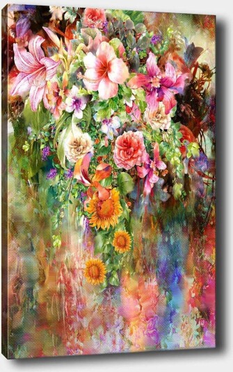 Lerretsbilde 70x100 cm Fargerik blomsterbukett med forskjellige varianter og nyanser Rosa / Grønn / Oransje
