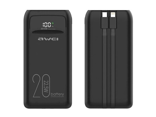 Powerbank Awei Awei Powerbank P169k 20000Mah 22,5W Svart/Svart Skjerm + Pd/Lightning-Kabler