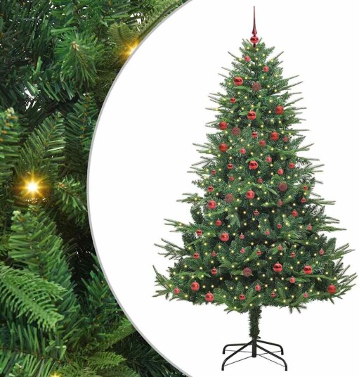 Kunstig forhåndsbelyst juletre med kule sett grønn 210 cm