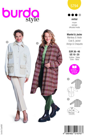 Burda 5794 - Jakke og Kåpe EUR: 36-46 US: 10-20 Burda 5794 - Jakke og Kåpe EUR: 36-46 US: 10-20