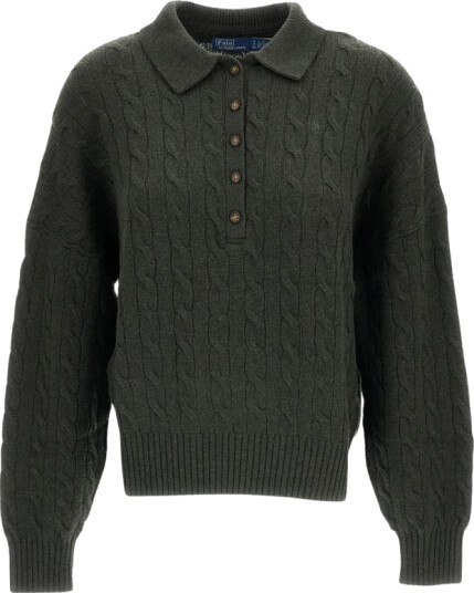 Polo Ralph Lauren Cable Wool Cashmere Polo Collar Sweater   Khaki green   XS