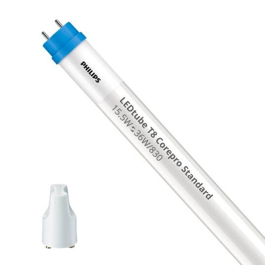 Philips LED Lysrør T8 CorePro (EM/Mains) Standard Output 15.5W 1700lm - 830 varm hvit | 120cm - erstatter 36W