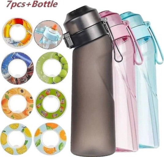 Vannflaske Air Water Up med 7 smaksputer 650 ml frostet svart for sport og camping. Kun