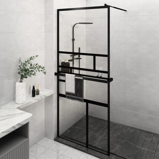 Dusjvegg med hylle svart 100x195 cm ESG-glass og aluminium Dusjvegg med hylle svart 100x195 cm ESG-glass og aluminium