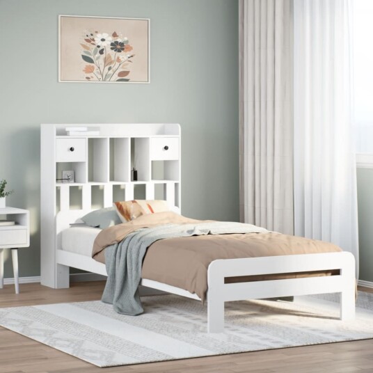 Seng med bokhylle uten madrass hvit 75x190 cm heltre furu 8721158383464