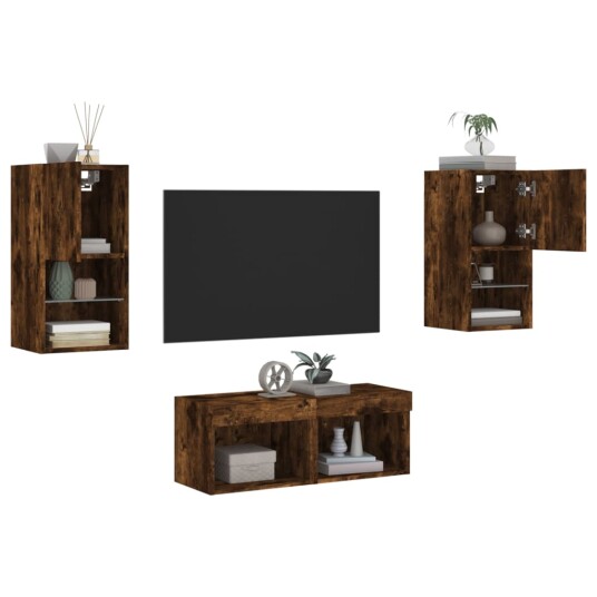vidaXL Vegghengte TV-benker med LED 4 stk røkt eik 8721012469884