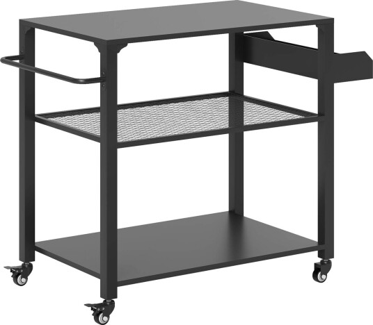 Grillvogn 3-lags serveringsvogn med arbeidsflate hyller hjul, BBQ grillbord i rustfritt stål, grillsidebord, utendørs vogn, kull