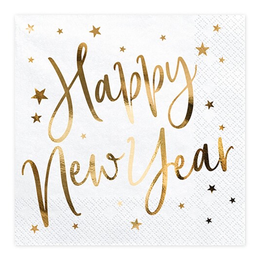PartyDeco Servietter Happy New Year Gull Metallic/Hvit - 20-pakning