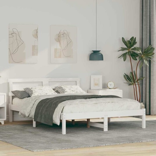  Sengestamme med LED  stripelys med hodegjerde Hvit 120 x 190 cm Furu tre