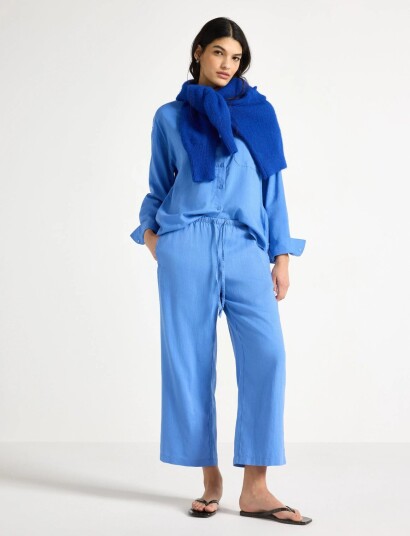 Lindex Cropped Trousers In Linen Blend   Blue   XL