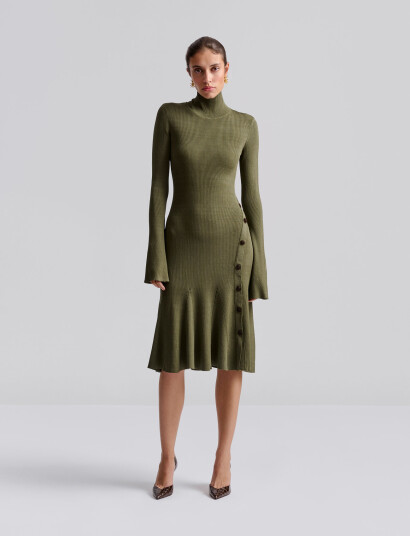 Malina Polly Knitted Midi Dress   Khaki green   S