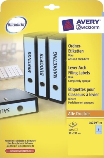 Avery File Folder Labels Blå 38 X 297 Mm 100 EtikettEr 20 Ark X 5 Filmappeetiketter