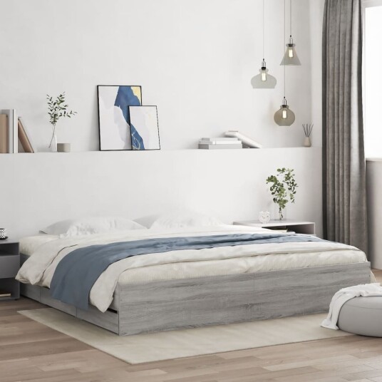 vidaXL Sengeramme med skuffer grå sonoma 200x200 cm konstruert tre 8721012244672