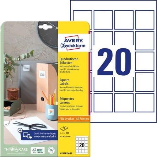 Avery Zweckform Identifikasjonsetiketter 45 X 45 Mm Hvite Kvadratiske Avtakbare Ubestrøket Papir   1 Stk 6252Rev 10