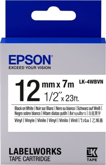 Epson Lk 4Wbvn Vinyl Svart På Hvitt Rull 1,2 Cm X 7 M 1 KassettEr Merketape For Labelworks Lw 1000 Lw 300 Lw 400 Lw 600 Lw 700 Lw K400 Lw Z700 Lw Z710 Lw Z900