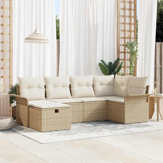 6 Delt Utesofa Set med Pute Beige Poly Rattan