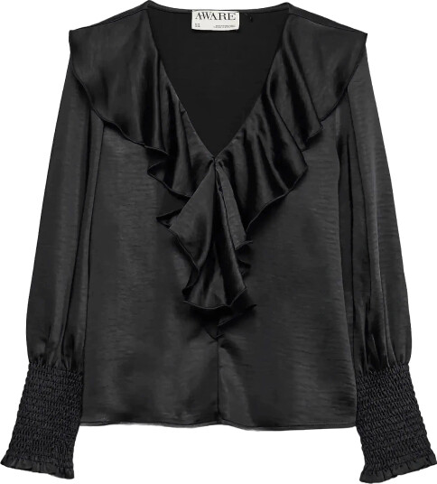 Vero Moda Awbea Ls V-Neck Frill Blouse - Black - S Vero Moda Awbea Ls V-Neck Frill Blouse - Black - S