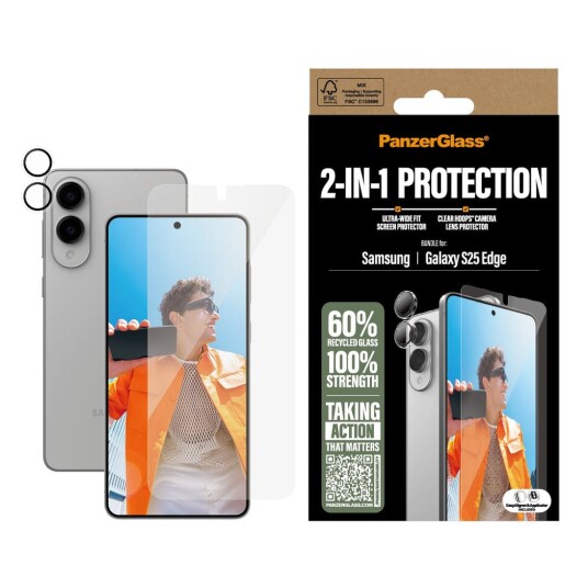 PanzerGlass 2-i-1 Skjermbeskytter for Samsung S25 Edge, Ripebestandig, Transparent