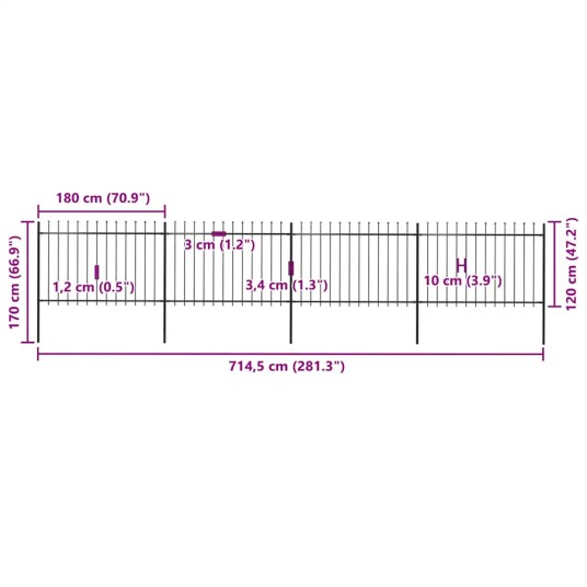 Hagegjerde med spydtopp 6,8x1,2 m stål svart
