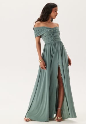 Goddiva Bardot Rouched Maxi Split Dress Dark Sage XS (UK8) Goddiva Bardot Rouched Maxi Split Dress Dark Sage XS (UK8)