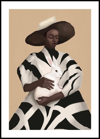 Woman In Stripes Holding a White Rabbit Plakat Plakat / 70x100cm