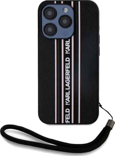 Karl Lagerfeld Saffiano Athleisure Stripes Cord iPhone 15 Pro Case - Pink