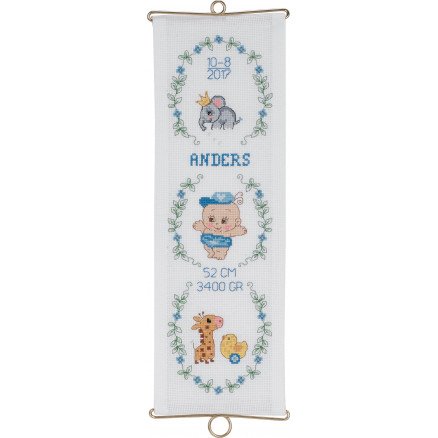 Permin Broderisett Aida Bell String Birth Poster Anders 14x42cm