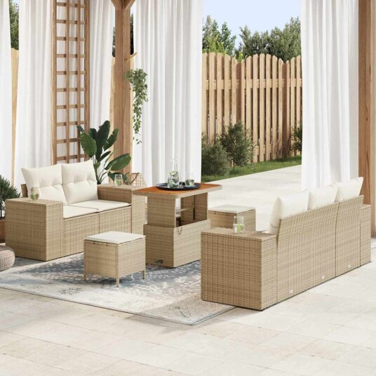 8-delt hagesofa sett med puter i beige poly rattan og akasietre