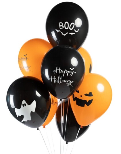 8 stk 30 cm Svarte og Orange Ballonger med Halloween motiver