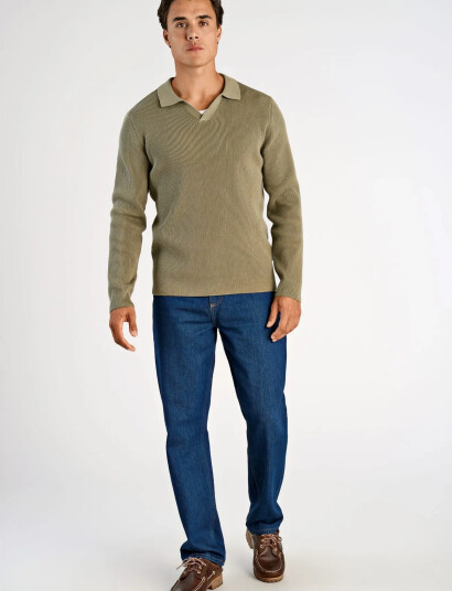 Lindbergh Rib Knitted L/S V Neck Polo   Khaki green   L