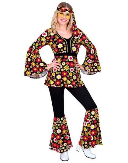 60"s Svart Hippiekostyme med Fargerike Blomster til Dame   Medium