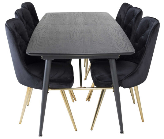 Venture Design Black Veneer & Velvet spisegruppe Svart/svart 6 st stoler & bord 180 x 85 cm
