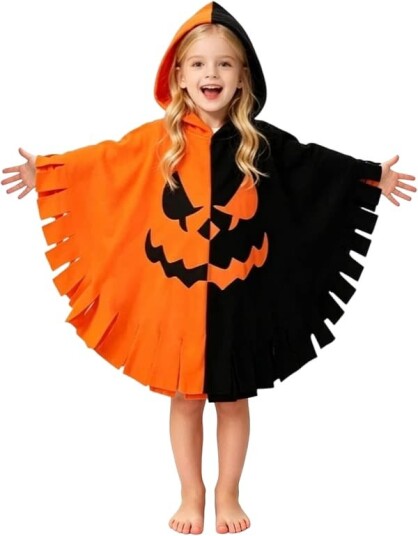 Halloween Gresskarponcho med Hette til Barn og Ungdom 8-18 år 80 cm
