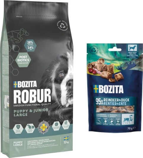 Bozita Robur tørrfôr Puppy + Meaty Bites med reinsdyr og and på kjøpet Mother & XL 7.5 kg 12 kg 2 x 70 g 12 kg