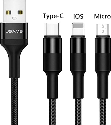 Usams Flettet Kabel U5 3W1 1,5M 2Asvart Lightning/Microusb/Usb-C Sj2193in101 Us-Sj219