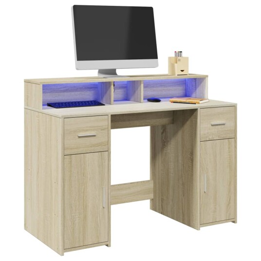 Skrivebord med LED-lys sonoma eik 120x55x91 cm konstruert tre