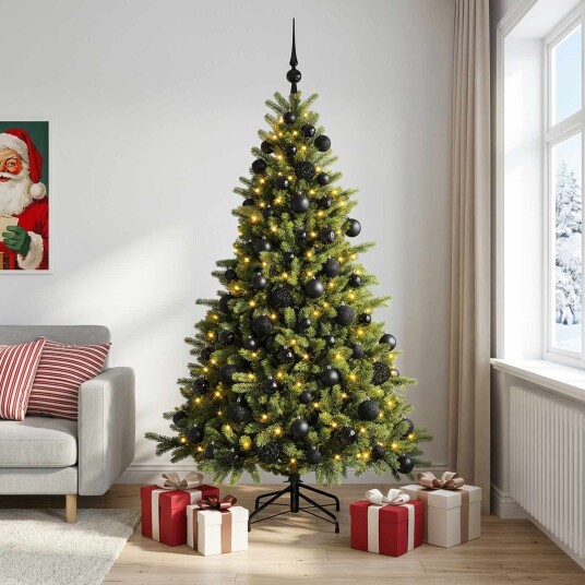 vidaXL Kunstig juletre med julekuler 240 cm 300 LED-lys Varmhvit