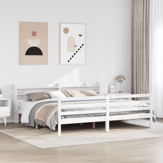 Sengeramme med hodegavl hvit 200x200 cm heltre furu 3306693