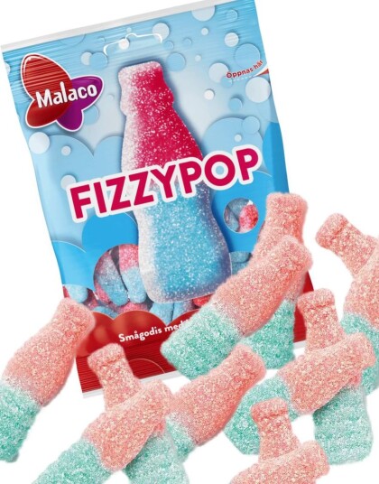 Malaco Fizzypop Rosa og Blå Bubblegumflasker 85 gram