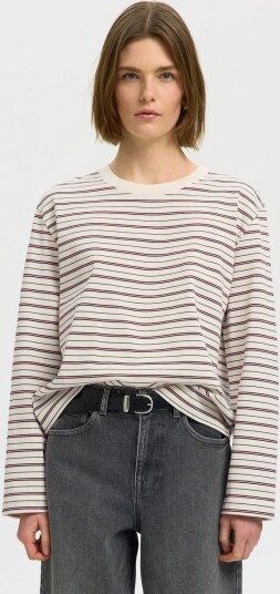 Selected Femme Essential Long Sleeve Striped Boxy Tee Burgunder S