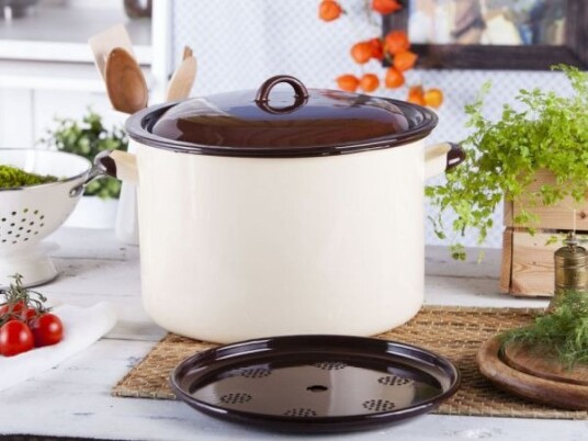 Emaljert Gryte 13,6 L Diameter 30 Cm | Høyde 20 Cm | Krem/Brun Med Lokk Emaljert Gryte 13,6 L Diameter 30 Cm | Høyde 20 Cm | Krem/Brun Med Lokk