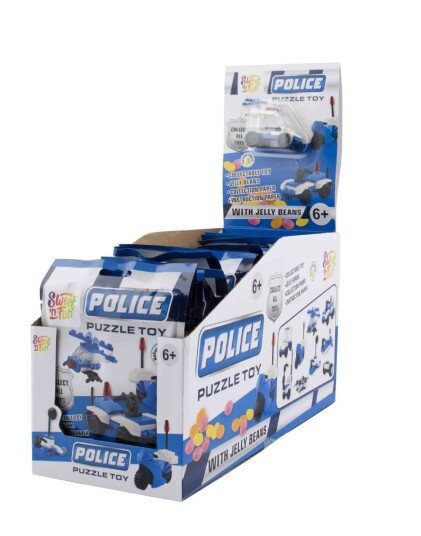 20 stk Police Puzzle Toy Candy   Jelly Beans og Assortert Politi Kjøretøy/Utstyr Lekefigur   Hel Eske