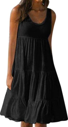 Sommerkjole for kvinner løs passform med volanger mini strand avslappet ferie Black