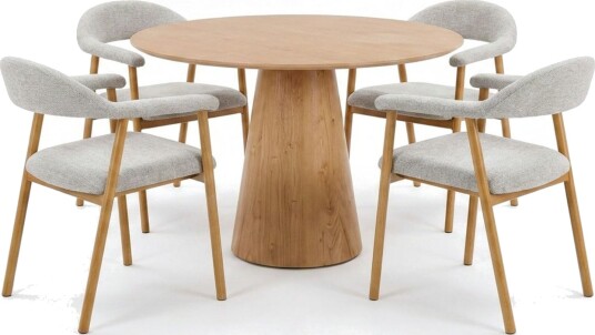 Siena spisegruppe rund 110 cm eik med 4 Ronja spisestoler Sand/eik