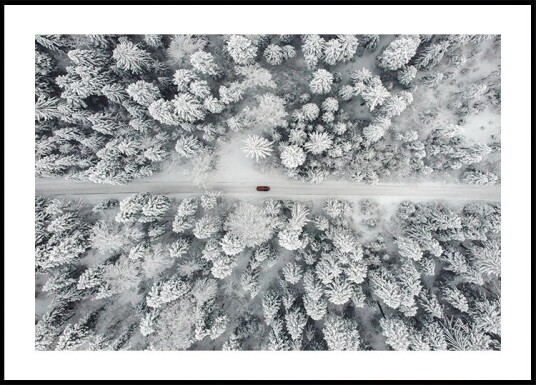 Red Car Driving Through Snowy Forest Plakat Plakat / 100x150cm