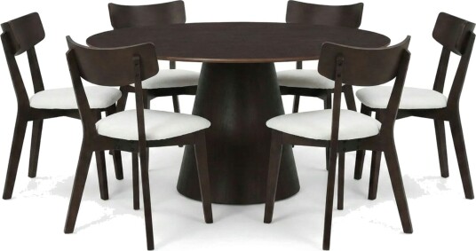 Siena spisegruppe 150 cm rund i røkt eik med 6 Amelia spisestoler med pute Røkt eik/Beige