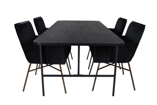 Venture Design Uno & Petra spisegruppe Svart/svart 4 stoler & bord 200 x 90 cm